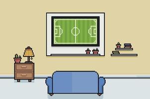 pixel art viendo la copa mundial de fútbol en la sala de televisión. Fondo de 8 bits con sofá, mesa y tv y decoraciones. vector