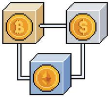 Pixel art blockchain cryptocurrency network vector icon for 8bit game on white background