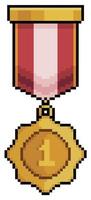 Pixel art gold medal and first place vector icon for 8bit game on white background