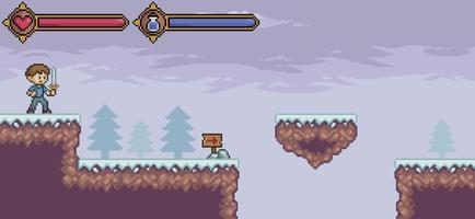 Pixel art game scene with character, life bar and mana vector background for 8bit game