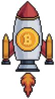 Pixel art Rocket flying with bitcoin icon. Bitcoin boom. Investment in cryptocurrencies 8bit vector on white background