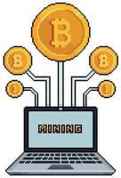 Pixel art bitcoin mining with computer vector icon for 8bit game on white background