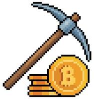 Pixel art bitcoin mining with pickaxe. Investment in cryptocurrencies icon for 8bit game on white background. vector