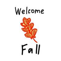 Welcome fall lettering text with doodle leaf vector