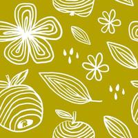 Scandinavian apples with leaf and flower seeds hand drawn mustard seamless pattern vector