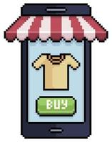 Pixel art buy clothes on mobile. Cell phone with shop awning vector icon for 8bit game on white background