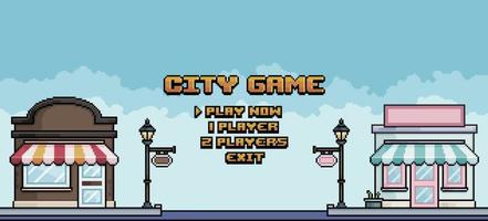 Pixel art city game menu with old buildings background vector for 8bit game