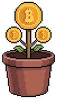 planta de bitcoin de arte de píxeles. icono de vector de crecimiento de criptomoneda para juego de 8 bits sobre fondo blanco