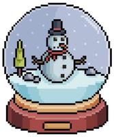 Pixel art christmas snow globe with snowman and pine trees 8bit vector on white background.