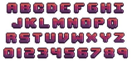 Game font in pixel art. 8-bit style letters and numbers. vector alphabet in pixel