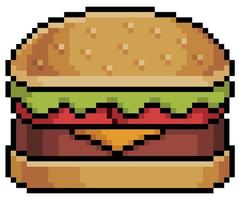 hamburguesa de pixel art con pan, bistec, queso, lechuga y tomate, elemento de juego de 8 bits sobre fondo blanco vector