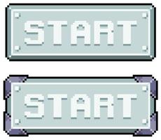 Pixel art metallic style start button vector icon for 8bit game on white background