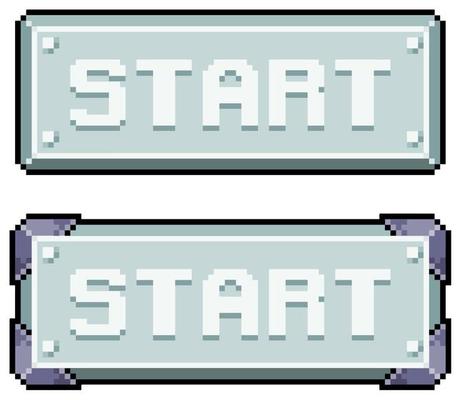 Pixel art metallic style start button vector icon for 8bit game on white background