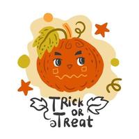 linda cara de calabaza dibujada a mano con texto vector