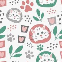 Cat pattern with hearts and leaves in cartoon style vector