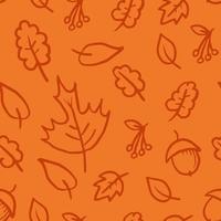 Doodle autumn foliage seamless pattern with leaf, acorn, berries contours vector