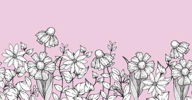 fondo de borde transparente con diseño minimalista de flores silvestres de moda para la decoración de paredes o bodas. hierba dibujada a mano, hojas elegantes y flores por invitación, guarde la tarjeta de fecha. botánico rústico vector