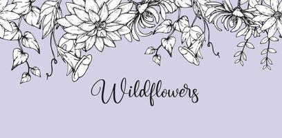 seamless border background with trendy wildflowers minimalist design for wall decoration or wedding. Hand drawn grass, elegant leaves and flowers for invitation, save the date card. botanical rustic vector
