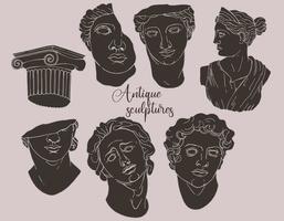 Isolated Greek statues in modern style dark color. Linear vector set of vintage aesthetic antique statues of mystical god. Creative silhouette for poster design, wall