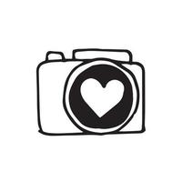 simple vector drawing in doodle style. camera. cute illustration camera and heart. hobby, photography