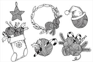 large vector set of illustrations on the theme of christmas and new year knitting. Christmas gifts with balls of wool, knitting needles, crochet for knitting. holiday of needlework