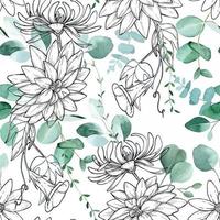 seamless pattern with watercolor eucalyptus leaves and graphic vintage flowers in sketch style. minimalistic delicate print on a white background vector