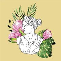 Isolated greek statue in art nouveau style. Line drawing with watercolor flowers and tropical leaves of vintage aesthetic antique statues of mystical god. Creative design, abstract, collage vector