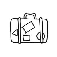 vector drawing in the style of doodle, cartoon. cute drawing of a traveler's suitcase, with stickers and stamps of different countries. isolated on white background. clipart travel, tourism, vacation