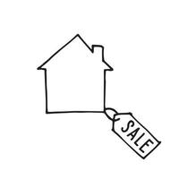 doodle style vector illustration. drawing a house with a price tag. inscription for sale, sale. Realtor symbol, real estate for sale, rental.