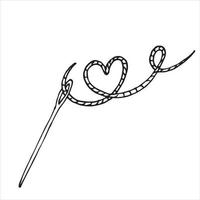 doodle style vector illustration. needle with thread. thread with curls in the shape of a heart. cute simple drawing, handmade icon, sewing, embroidery, fabric and accessories store