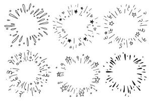 vector drawing in the style of doodle. set of explosions, fireworks. festive fireworks with stars and streamers