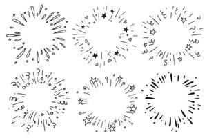 vector drawing in the style of doodle. set of explosions, fireworks. festive fireworks with stars and streamers