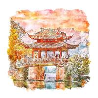 puesta de sol lago del oeste hangzhou china acuarela boceto dibujado a mano ilustración vector