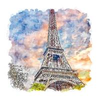 Eiffel Tower Paris France Watercolor sketch hand drawn illustration vector