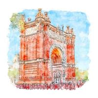 arco de triunfo de barcelona acuarela boceto dibujado a mano ilustración vector