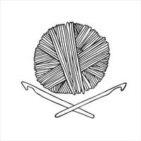 vector drawing in the style of doodle. a ball of yarn for knitting and a crochet hook. a ball of woolen thread is a symbol of needlework, hobby, knitting and crocheting. the logo