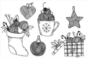 large vector set of illustrations on the theme of christmas and new year knitting. Christmas gifts with balls of wool, knitting needles, crochet for knitting. holiday of needlework