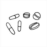 vector drawing in the style of doodle. tablets, vitamins. simple line drawing, medical drugs for health, disease treatment, disease prevention, virus