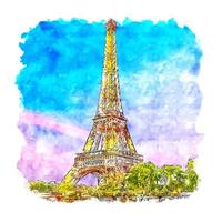 Eiffel Tower Paris France Watercolor sketch hand drawn illustration vector