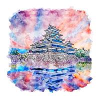 castillo de matsumoto japón acuarela boceto dibujado a mano ilustración vector