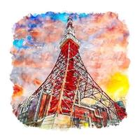 Tokyo Tower Japan Watercolor sketch hand drawn illustration vector