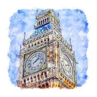 Big Ben London Watercolor sketch hand drawn illustration