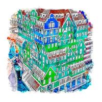 Zaandam Netherland Watercolor sketch hand drawn illustration vector