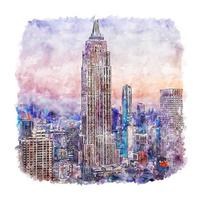 Empire State Building New York Watercolor sketch hand drawn illustration vector