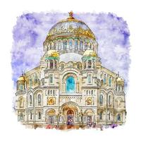 Kronstadt Naval Cathedral Watercolor sketch hand drawn illustration vector