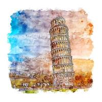 Sunset Pisa Tower Italy Watercolor sketch hand drawn illustration vector