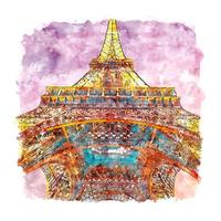 Night Eiffel Tower Paris France Watercolor sketch hand drawn illustration vector