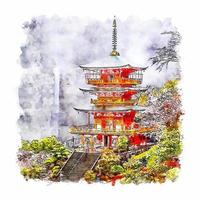 wakayama castillo japón acuarela boceto dibujado a mano ilustración vector