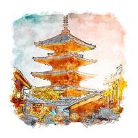 yasaka pagoda japón acuarela boceto dibujado a mano ilustración vector