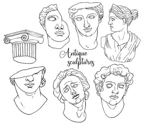 Isolated Greek statues in modern style. Linear vector set of vintage aesthetic antique statues of mystical god. Creative silhouette for poster design, wall